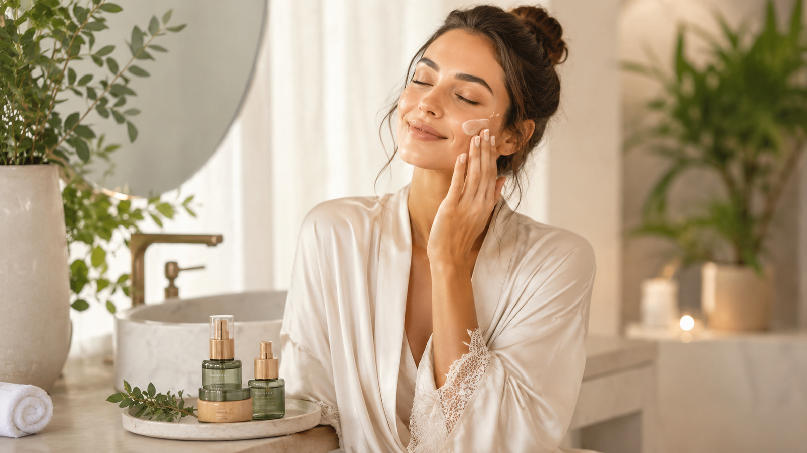 NatureLove Organics skincare products with botanical leaves